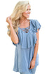 Sexy Light Blue Deep V Neck Lace up Ruffle Short Sleeves Top